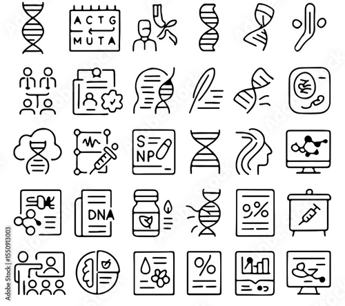 An intricate assembly of line art icons delves into the complex realms of science and biotechnology, presenting DNA, genetics, and healthcare concepts, all rendered in precise detail. 