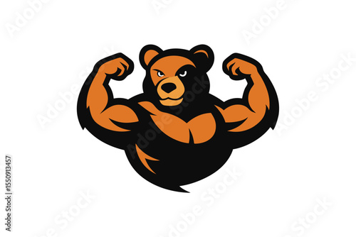 Bear Mascot Logo Flexing Biceps on White Background Design