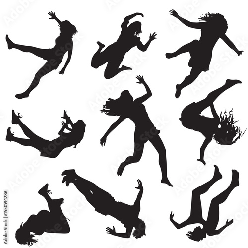 set of falling people silhouettes. vector silhouettes of people falling from a great height. falling female silhouette