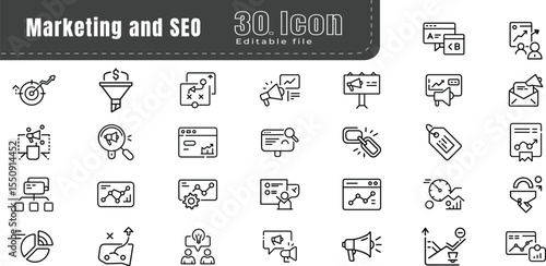 Marketing and SEO Outline Style line icons set. Thin Line Vector icons collection. Website, Shop, Rating, Traffic Analysis, Creativity, Target, Keyword
