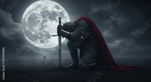 Knight kneeling with sword under full moon