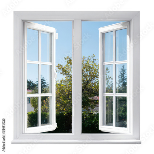 White double-hung window  open  showing greenery