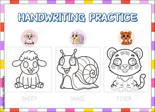 hand drawn practice education animal wild . sheep,snail,tiger