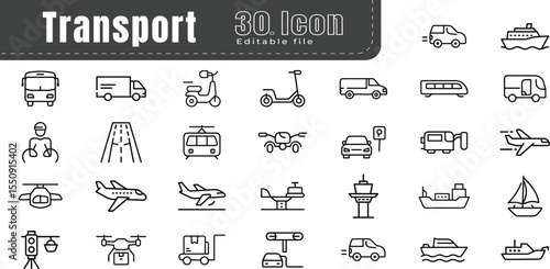 Transport line icons set. Editable stroke. Pixel perfect. Containing car, bike, plane, train, bicycle, motorbike, bus and scooter icons. Solid icon collection