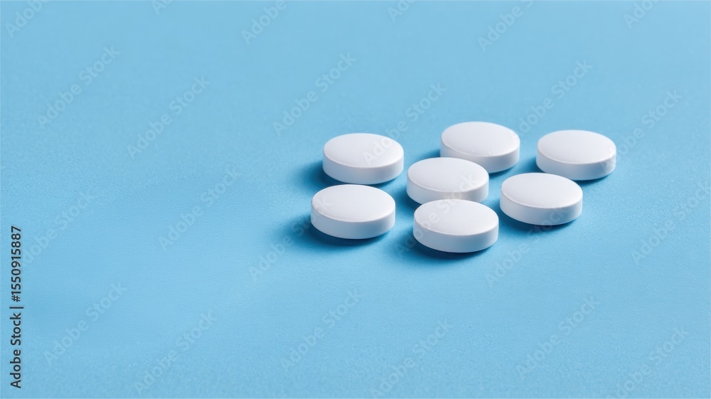 Vitamin and Supplements, medicine pills. Scattered white tablets on a blue background, ideal for health and wellness themes. Vitamin and Supplements, medicine pills. Scattered white tablets on a blue background, ideal for health and wellness themes.