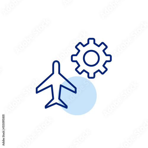 Airplane and cogwheel. Aviation settings, flight system optimization, aircraft engineering, technical flight control, onboard system configuration. Pixel perfect, editable stroke vector icon