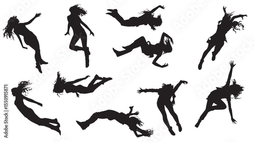 set of falling people silhouettes. vector silhouettes of people falling from a great height. falling female silhouette