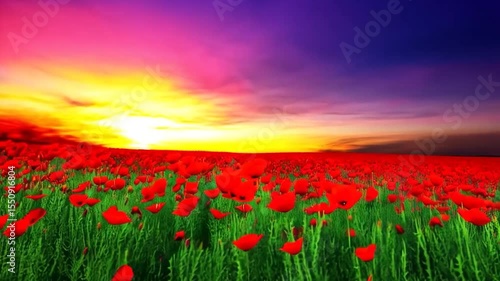 Vast field of red poppies at sunset