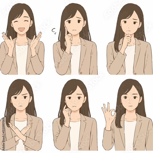 イラスト風・シンプルで綺麗め・線なし・若い女性の感情表現