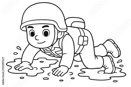A soldier in full combat gear crawls through the mud in this bold black and white coloring page.
