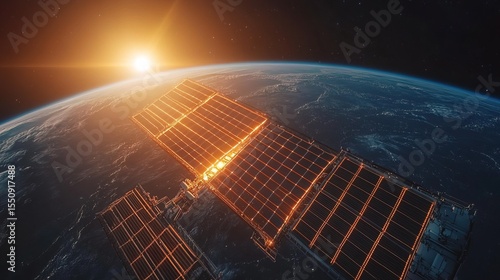A futuristic space solar power station glowing in Earth's orbit 