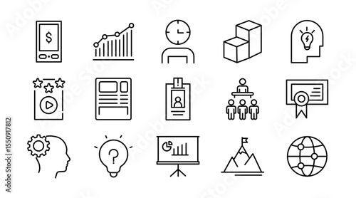 Creative business solutions linear icon set. Business strategy, business solutions, action List, research, solution, team, startup, business process, management vector icon set. UI thin line icon pack
