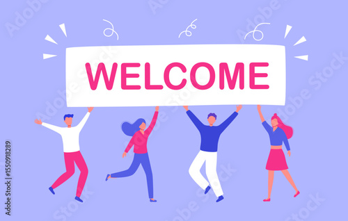 People holding a welcome sign in flat design. Characters welcoming concept.