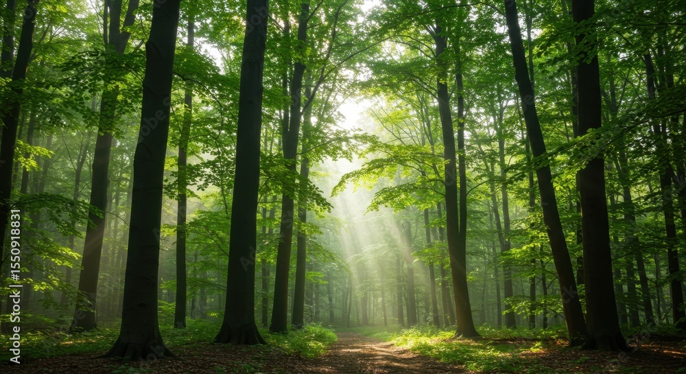 Fototapeta premium Sunbeams Through the Emerald Canopy: A Mystical Forest Path
