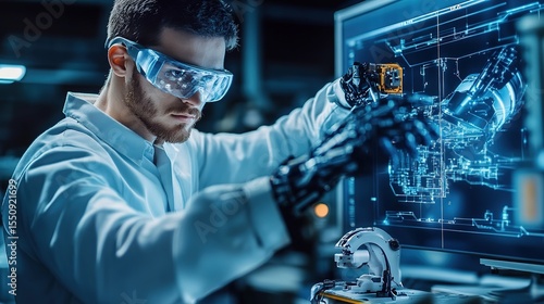 A man wearing safety glasses interacts with a high-tech robotic arm and digital interface displaying blueprints in a futuristic industrial setting.