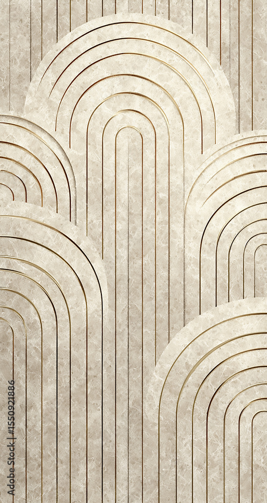 Naklejka premium Beige Marble Wall Panel Art Deco Design Gold Accents Symmetrical Curved Lines Geometric Pattern