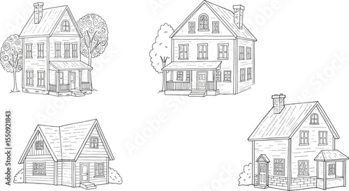 Vintage hand drawn house illustrations, traditional home sketches, black and white line art, architectural drawing, cottage, Victorian, farmhouse
