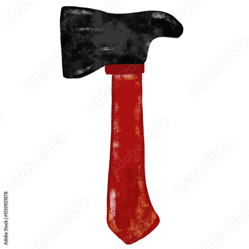 Red black axe hammer isolated on white background carpentry wood tools equipment fireman firefighter element clipart crayon watercolor illustration