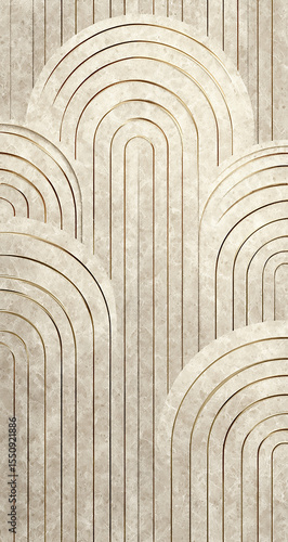 Beige Marble Wall Panel Art Deco Design Gold Accents Symmetrical Curved Lines Geometric Pattern