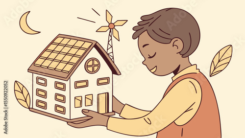 Smiling family holds a model home, symbolizing real estate, education, and the future of housing for children