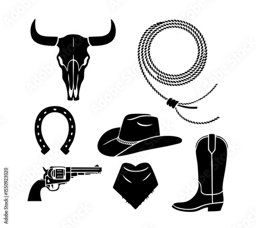 Wild west themed vector graphic with cowboy hat, horseshoe, and bull skull for western design projects silhouette