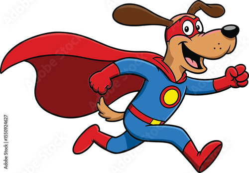 Cartoon superhero dog running in costume, red cape, blue suit, cheerful expression, heroic animal character, kids illustration, vector art