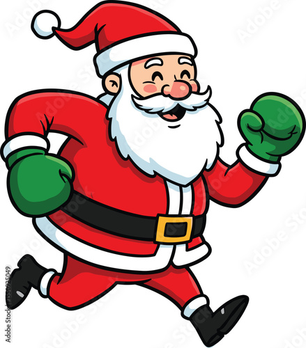 Cartoon Santa Claus running happily in festive costume, cheerful Christmas character, holiday spirit, winter celebration, cute Santa vector art