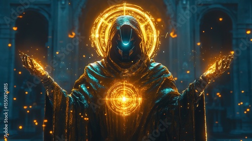 A futuristic cyber-priest blessing believers with radiant quantum energy 