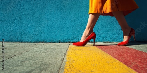 Woman walking with red high heels on a colorful sidewalk.