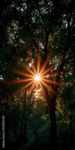 Sunburst Through Forest Trees  Nature  Sunlight  Woodland  Canopy
