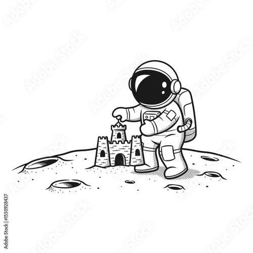 Kneeling astronaut focused on constructing sandcastle on moon – Vector Illustration