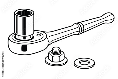 Illustration: Ratchet, Socket, Bolt, Nut, Washer - Tool Set