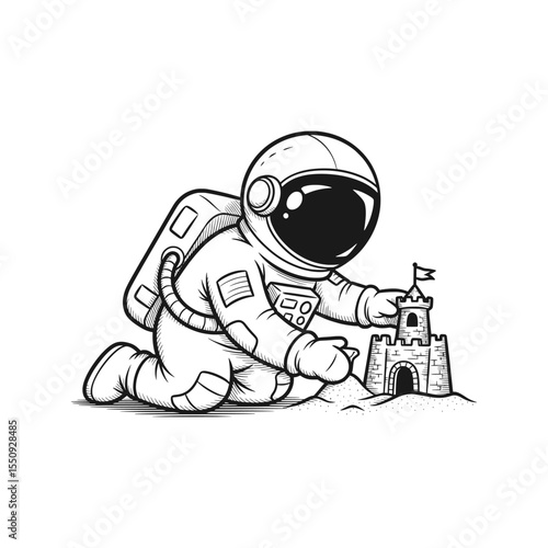 Kneeling astronaut focused on constructing sandcastle on moon – Vector Illustration