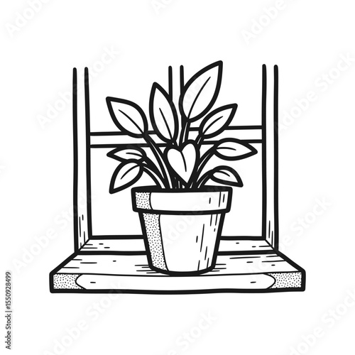 Cozy potted houseplant on windowsill in hand-drawn style – Vector Illustration