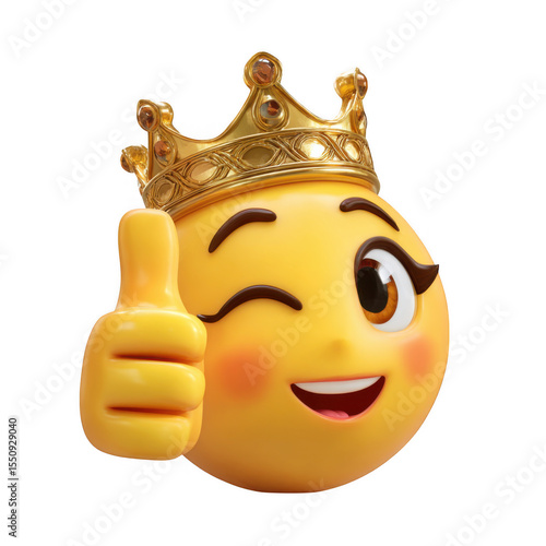 A queen or princess emoticon emoji cartoon face wearing a gold crown giving thumbs up. white and transparent background