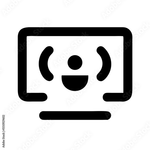 Black icon of a figure inside a monitor, symbolizing a podcast or video episode, online streaming, or digital broadcast content.
