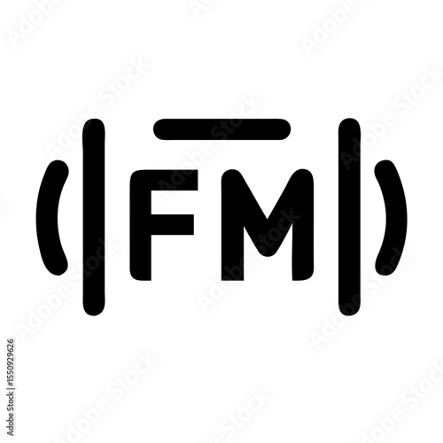 Black icon featuring "FM" surrounded by signal lines, representing FM radio broadcasting, frequency modulation, or audio transmission.
