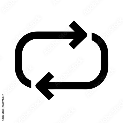 Black icon of two arrows forming a loop, symbolizing repeat, cycle, playback loop, synchronization, or continuous process in digital interfaces.
