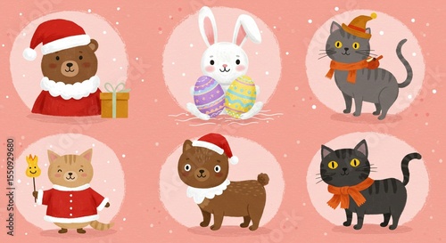 Cute cartoon animals holiday illustrations