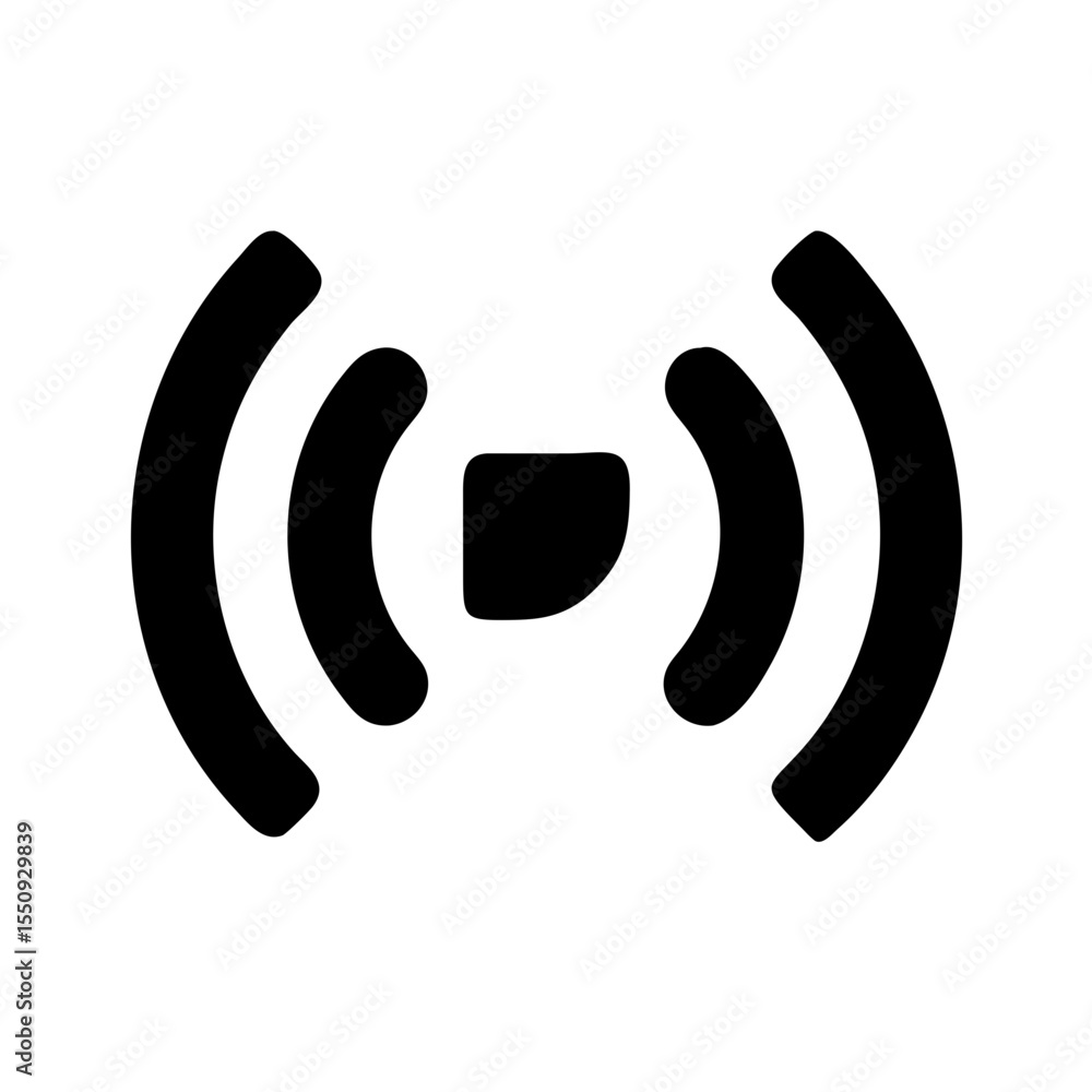 Minimalist black and white icon of radio wave signal, representing wireless communication, transmission, or broadcasting technologies.
Minimalist black and white icon of radio wave signal, representing wireless communication, transmission, or broadcasting technologies.