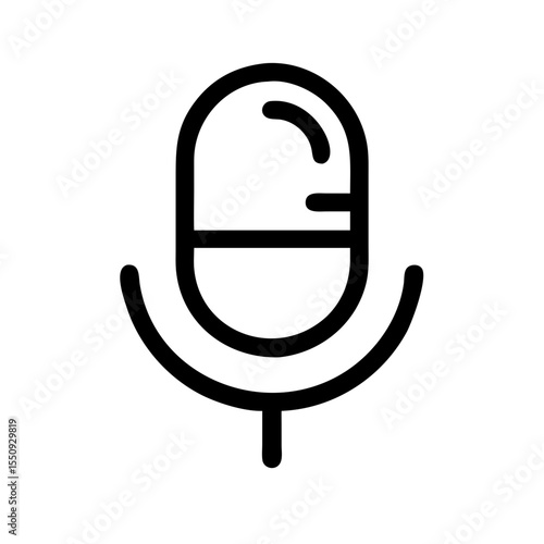 Black line icon of a sleek microphone, symbolizing voice recording, podcasting, live audio, interviews, or digital communication tools.
