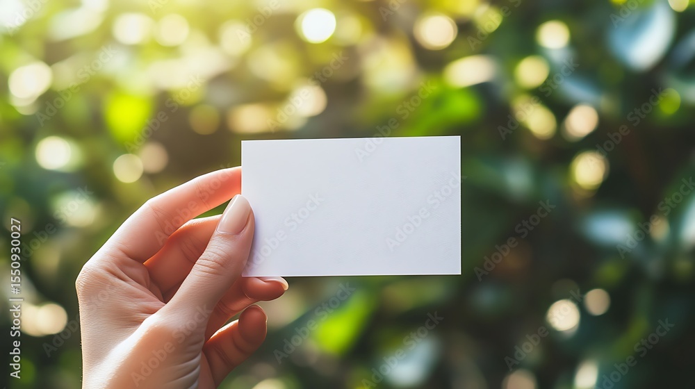 Woman hand holding a blank white business card with sunlight and blurred green background Woman hand holding a blank white business card with sunlight and blurred green background