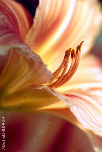Peach daylily flower showing petals and stamens in soft light