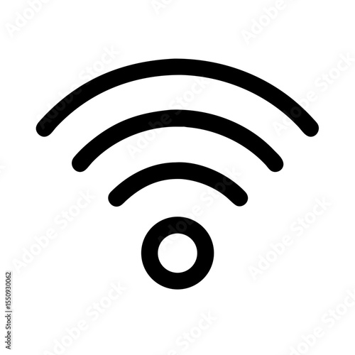 Minimal black icon representing a Wi-Fi signal or wireless internet connection with three curved bars and a circle base.  
