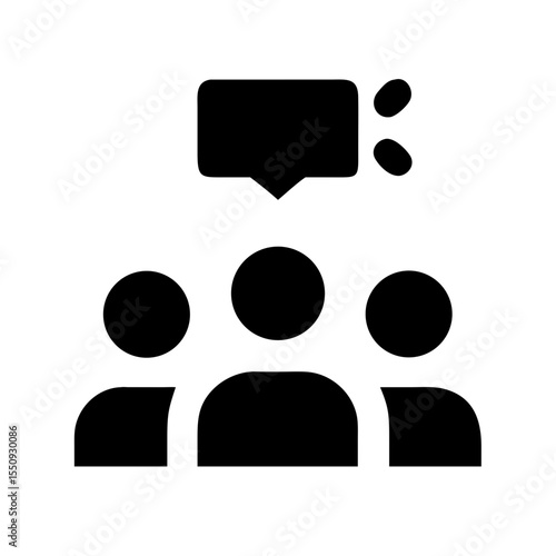 Minimal black icon showing three people and a speech bubble, symbolizing an audience, viewers, or public engagement in communication.  
