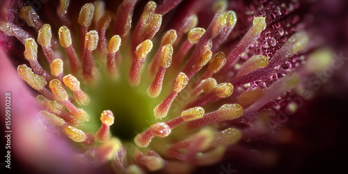 Extreme close up of colorful stamens showing pollen grains in flower