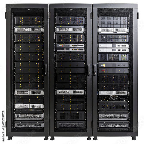 Modern Server Rack with Blinking Lights Front View Isolated on Transparent Background PNG