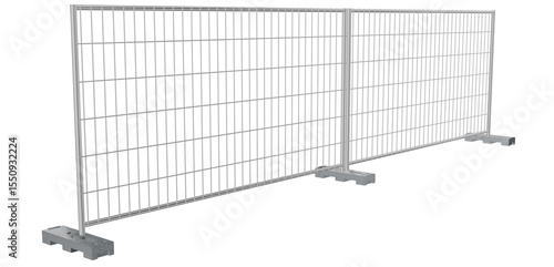 Clean 3D rendering of utilitarian metal security fencing, featuring a grid pattern and stable feet. Perfect for depicting perimeters, worksites, or the establishment of temporary enclosures.