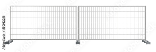 A straightforward 3D render of two portable metal fence panels, designed for temporary barriers at construction sites or events. Ideal for illustrations of security, boundaries, or urban development.