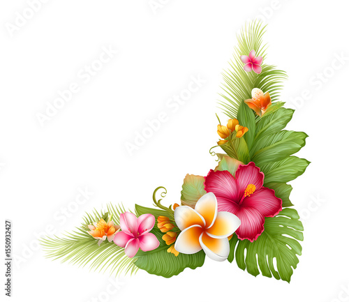 A floral tropical corner frame with leaves and flowers isolated on a transparent background